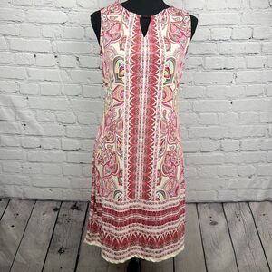 Haani Women Pink Yellow Green Paisley Sleeveless Dress Embellished Neck Sz Small